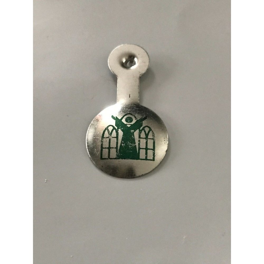 Vintage Church Angel stained glass green chrome Pinback Button Metal Tab Tin Pin